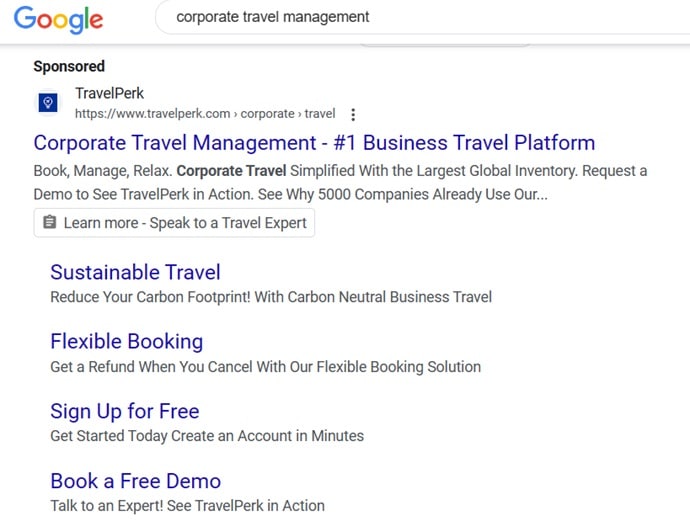 TravelPerk PPC Ad on Google.com. 