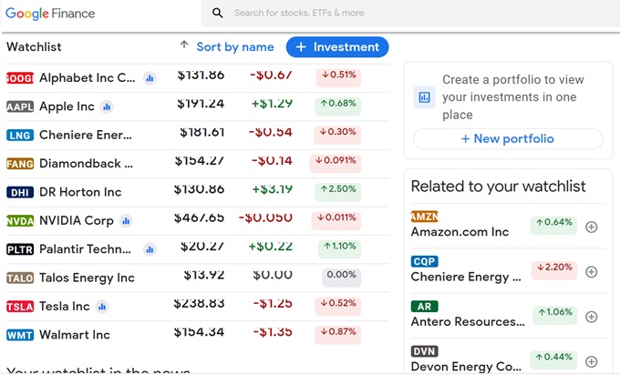 Add investments and create stock portfolio on Google Finance.